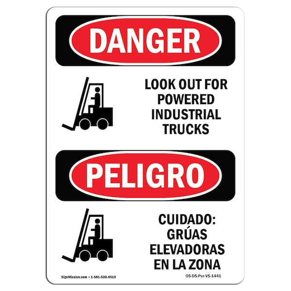 Safety Sign, OSHA Danger, 24" Height, Aluminum, Look Out Industrial Trucks Bilingual Spanish